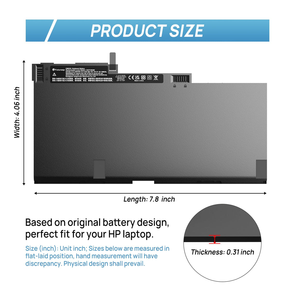 FUTUROSP CM03XL battery back view with safety labels