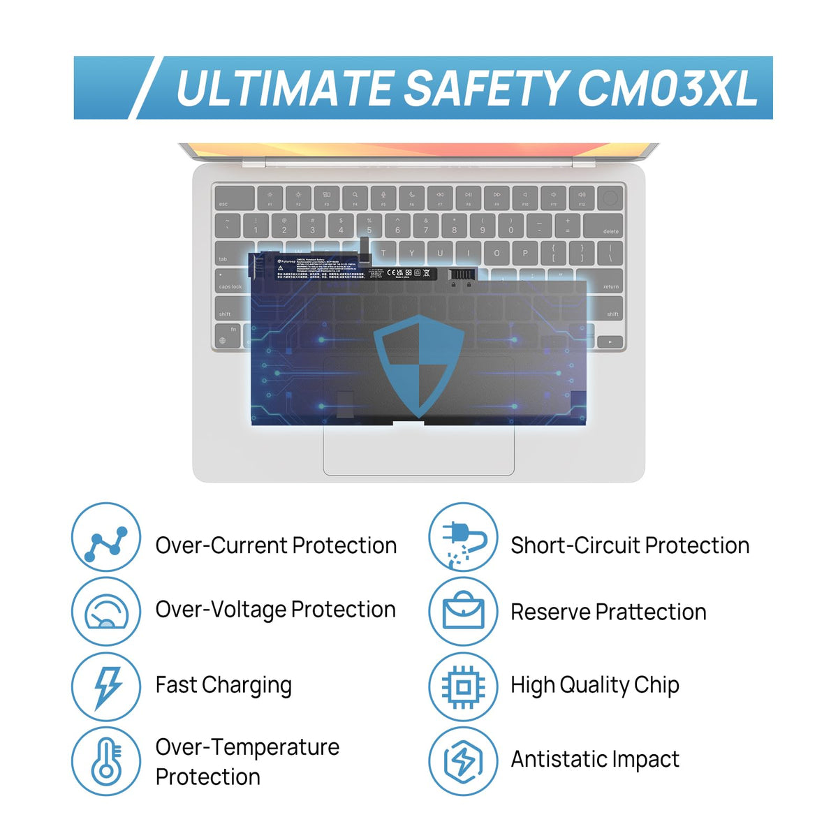 FUTUROSP CM03XL battery label showing compatibility and safety marks