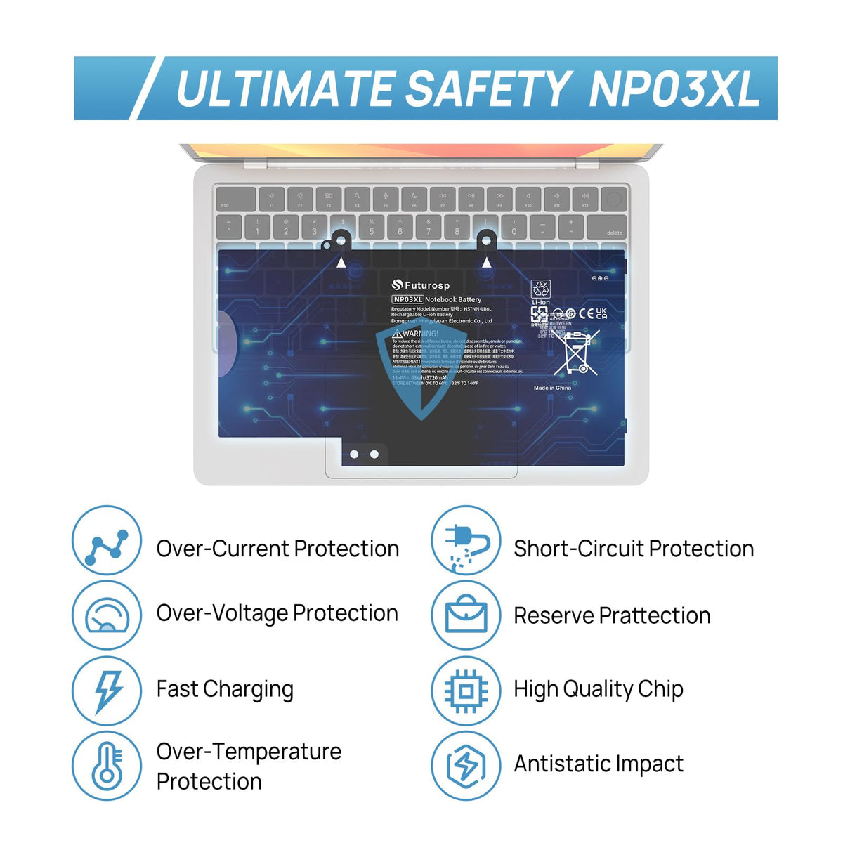 FUTUROSP NP03XL battery on test bench, quality checks for reliability