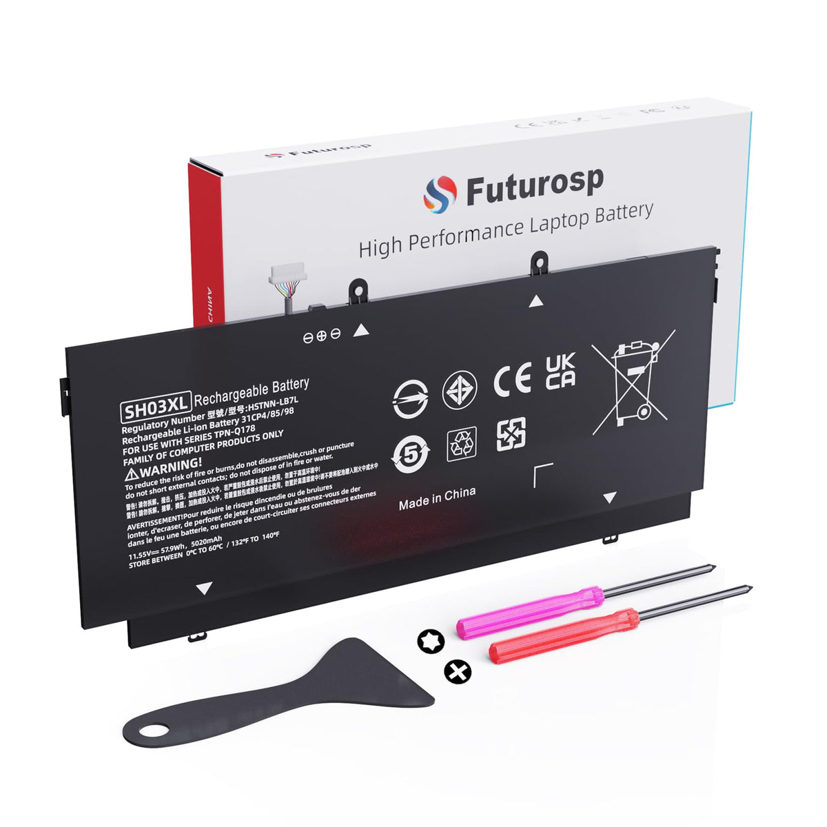 FUTUROSP SH03XL battery front view showing HP Spectre X360 compatibility for unplugged use