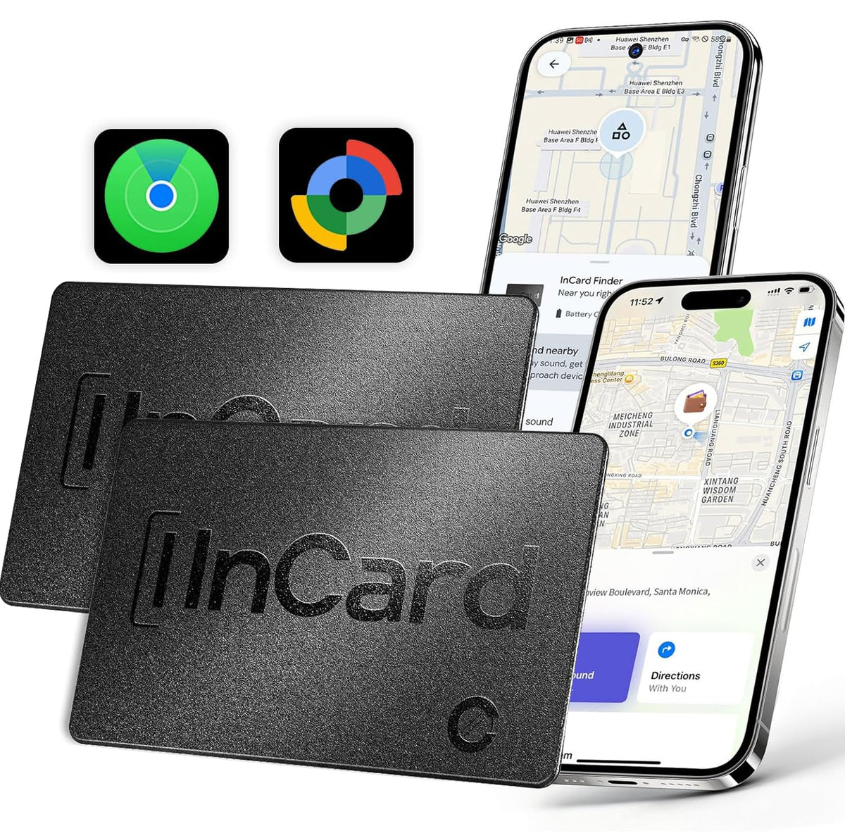 FVJ Wallet Tracker Card showing Apple Find My and Google Find Hub compatibility on a live map