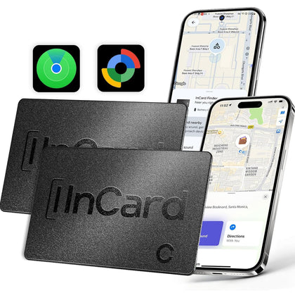 FVJ Wallet Tracker Card showing Apple Find My and Google Find Hub compatibility on a live map