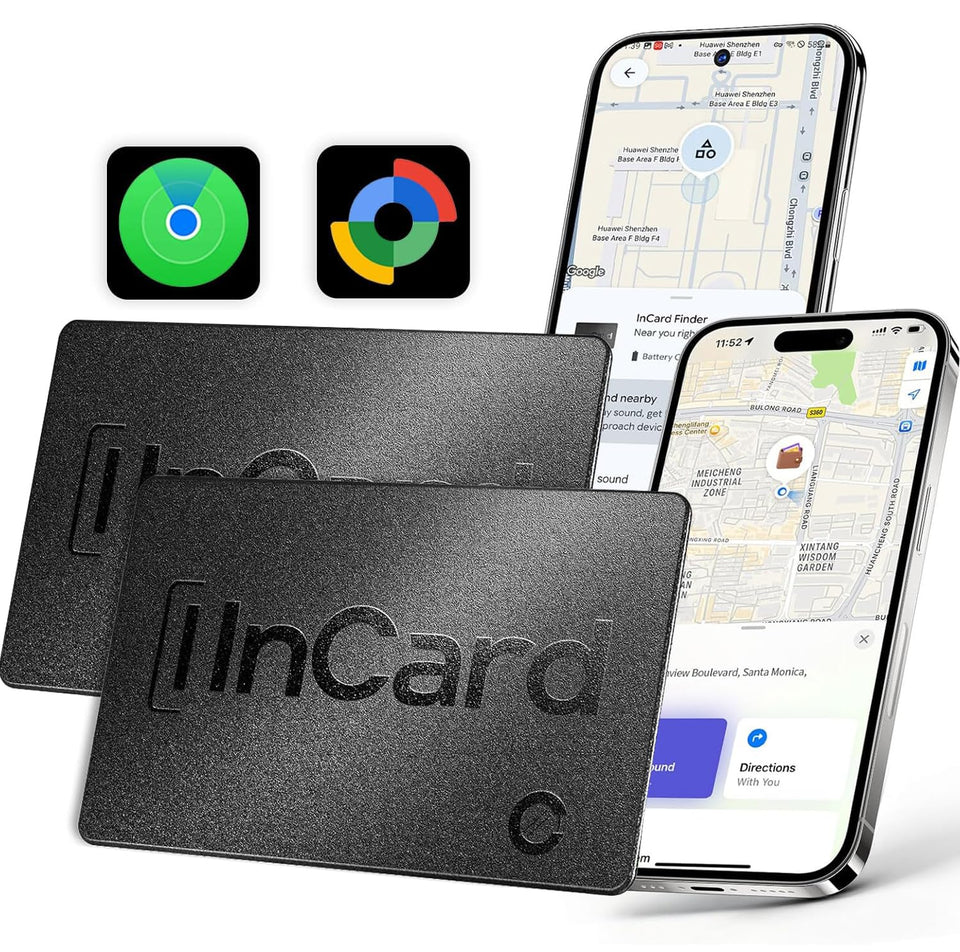 FVJ Wallet Tracker Card showing Apple Find My and Google Find Hub compatibility on a live map