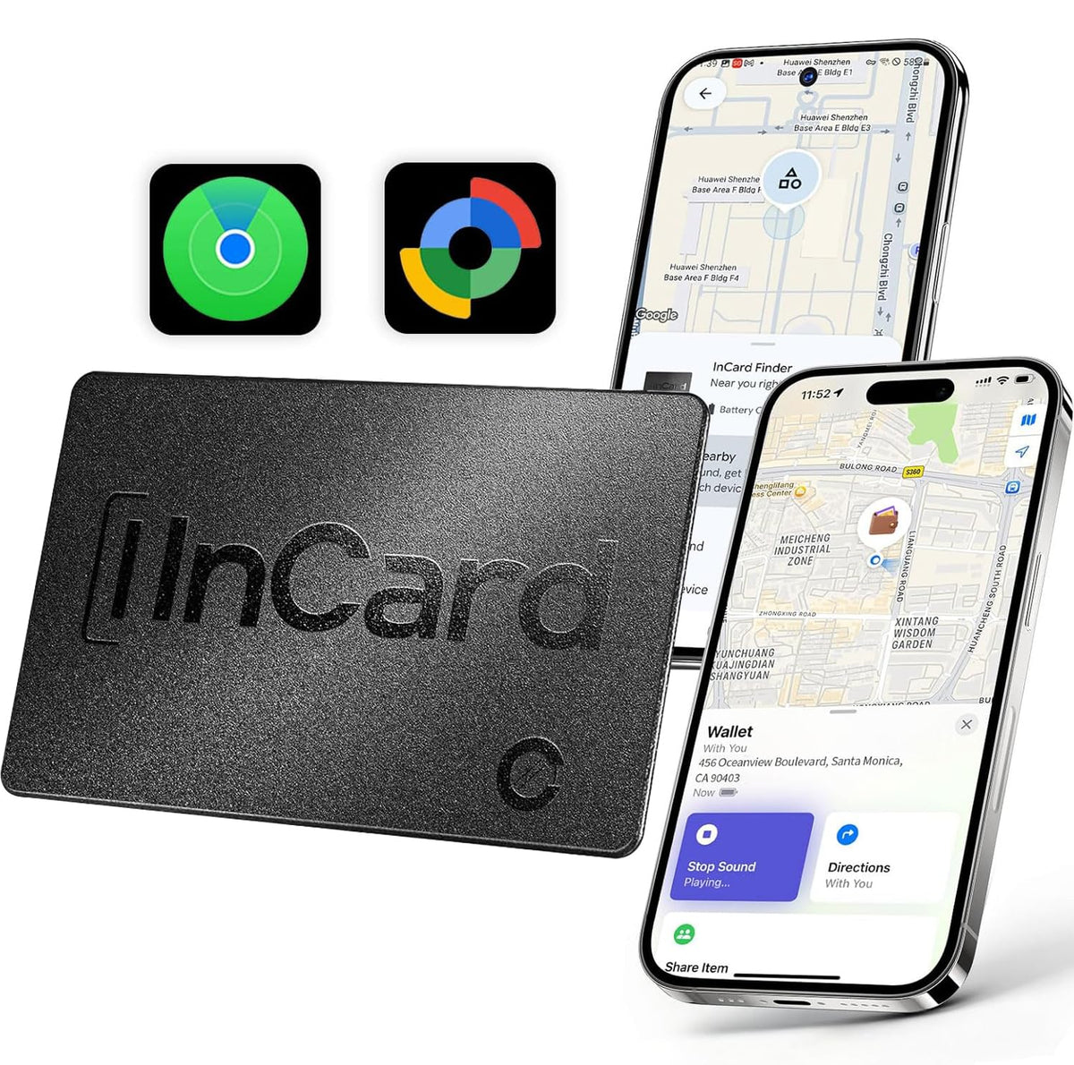 FVJ Wallet Tracker Card with Apple Find My locates items on a live map.