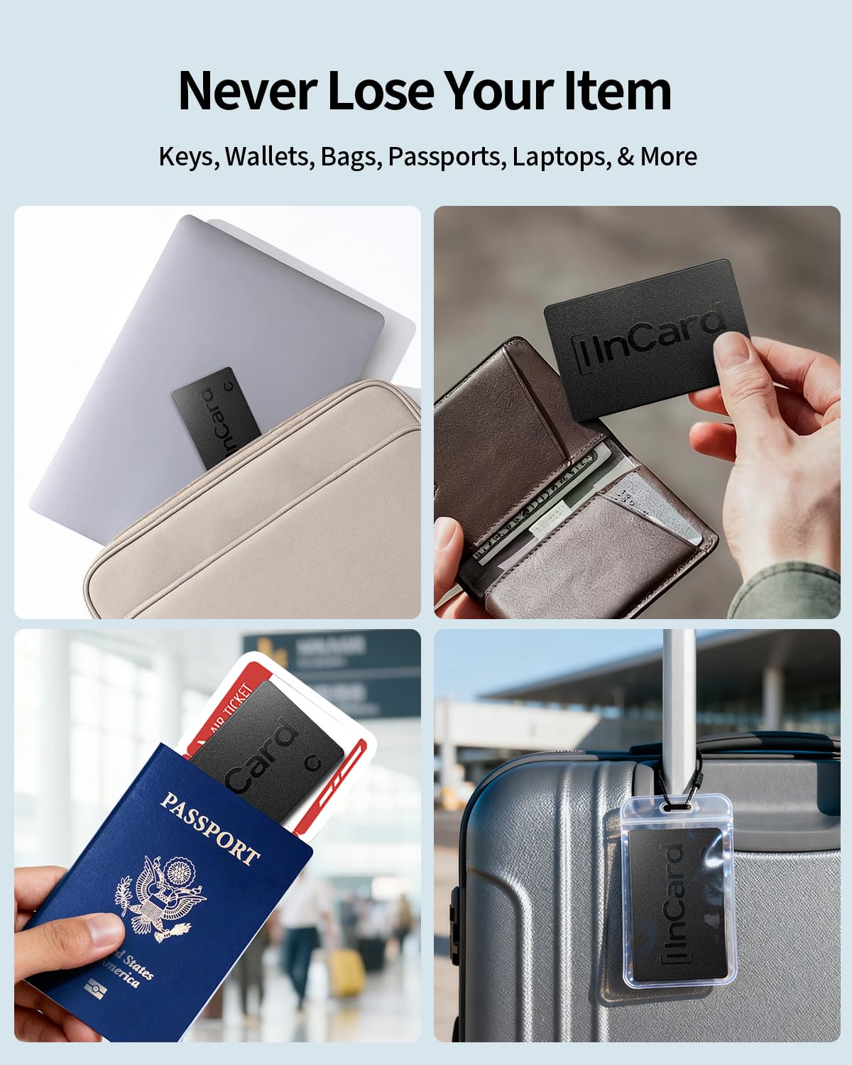 FVJ Wallet Tracker Card tracks wallets, passports, bags, keys, and more.