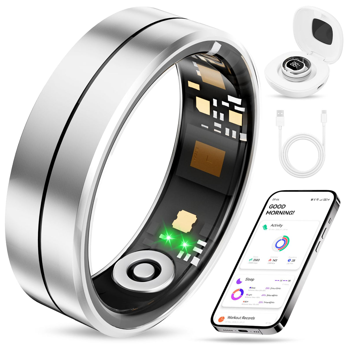 Fvtga smart ring front view showing sleek silver finish and comfortable wear