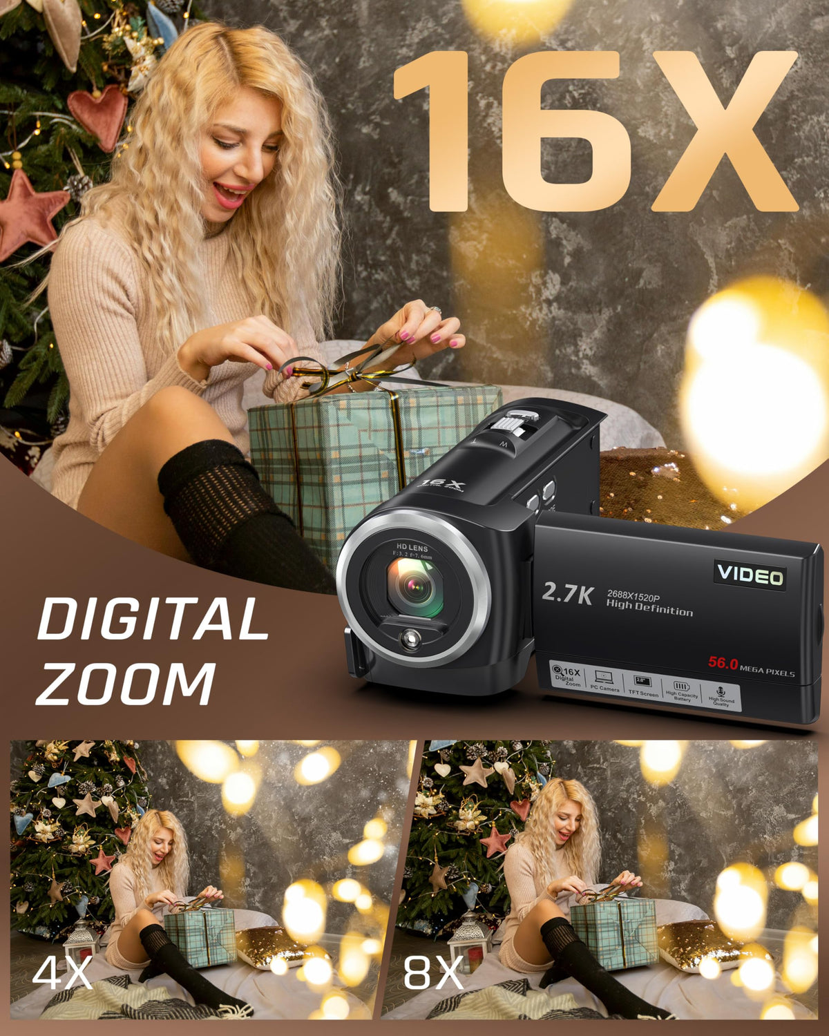Fxmug camcorder captures 56MP photos with rich detail.