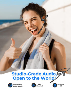 FXWONTY open-ear mic closeup highlights precise voice capture for calls.