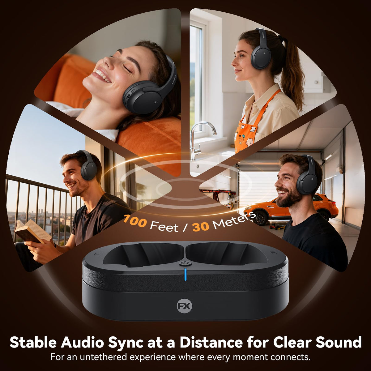 FXWONTY TV headphone ports show optical, AUX, and RCA compatibility