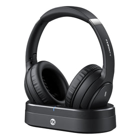 FXWONTY TV headphones resting on charging dock, ready to use for easy recharging
