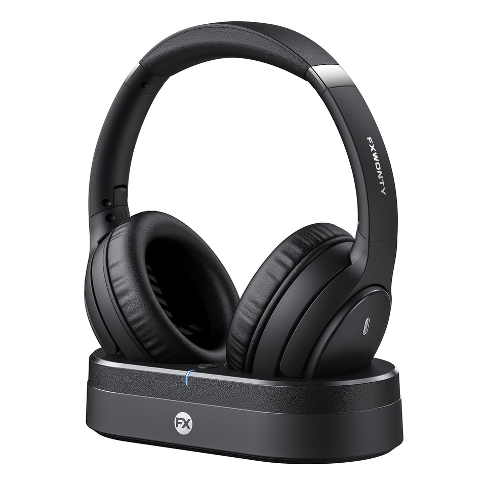 FXWONTY TV headphones resting on charging dock, ready to use for easy recharging