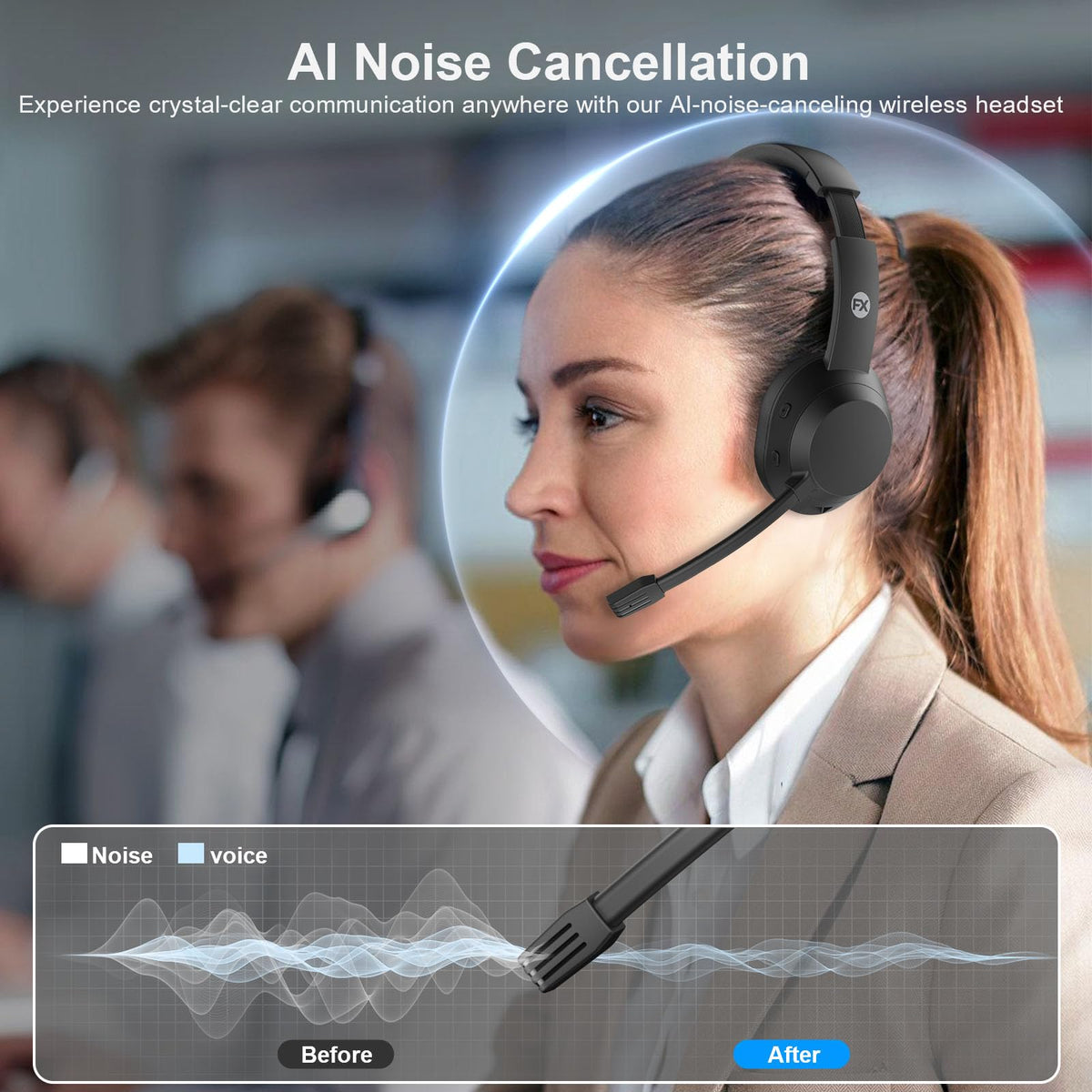 FXWONTY AI-noise-cancellation headset reduces ambient noise during calls.