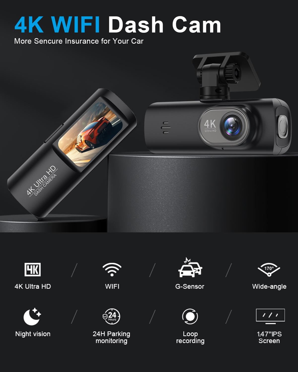 FYAIRO dash cam front view showing lens and compact body for discreet protection