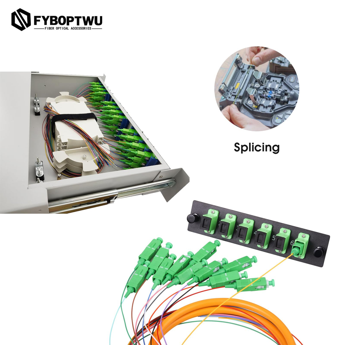 fyboptwu pigtail bundle installed in splice enclosure, neat routing improves organization and accessibility