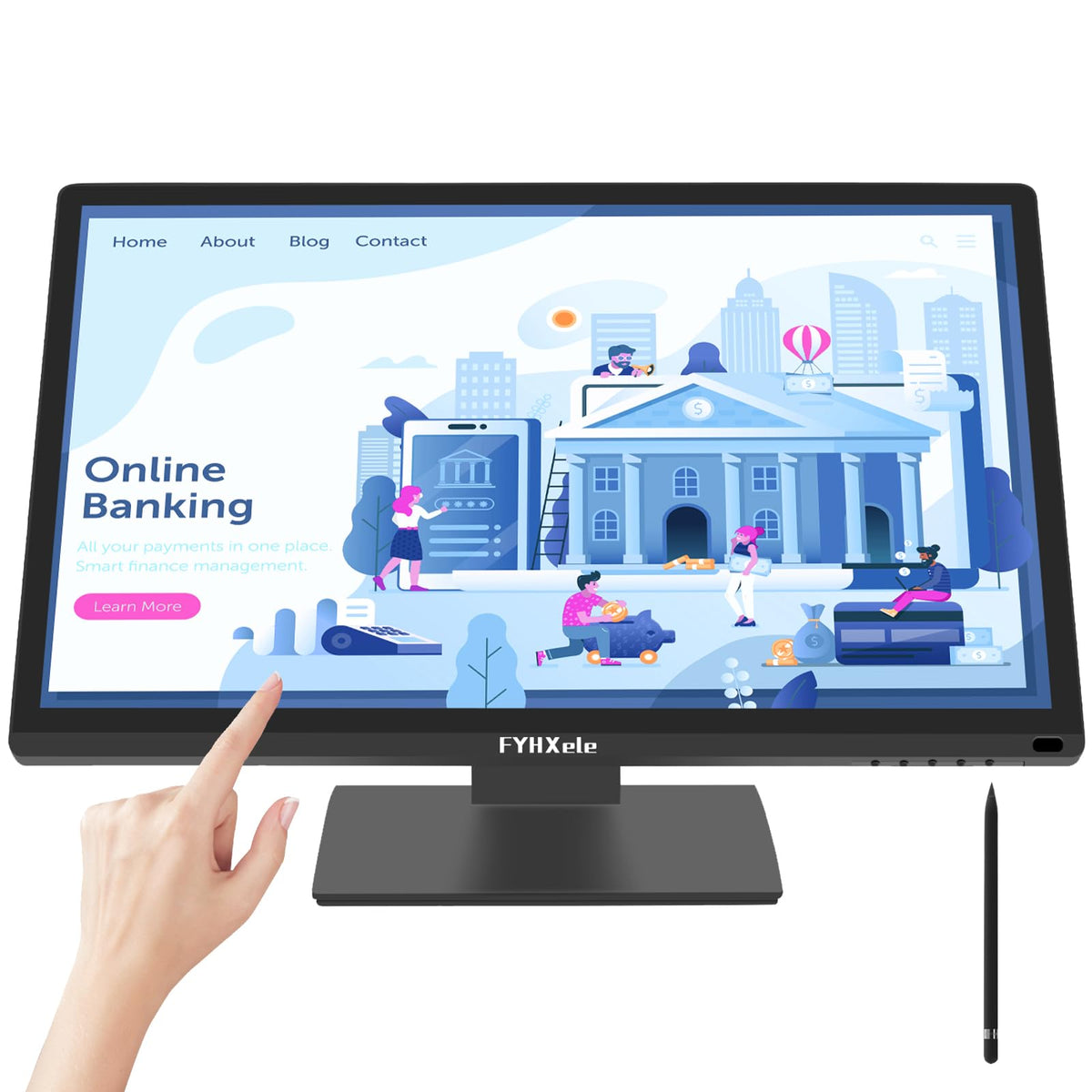 FYHXele 22-inch touchscreen monitor front view showcasing immersive touch interaction for work and play.