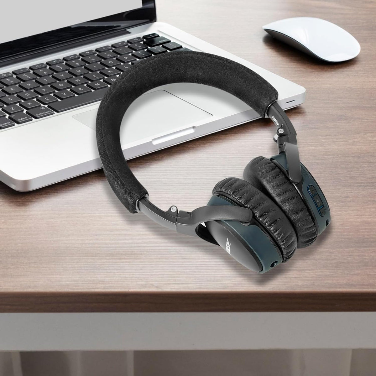 G GVOEARS hands fitting pad onto headphone illustrating quick ten-minute installation