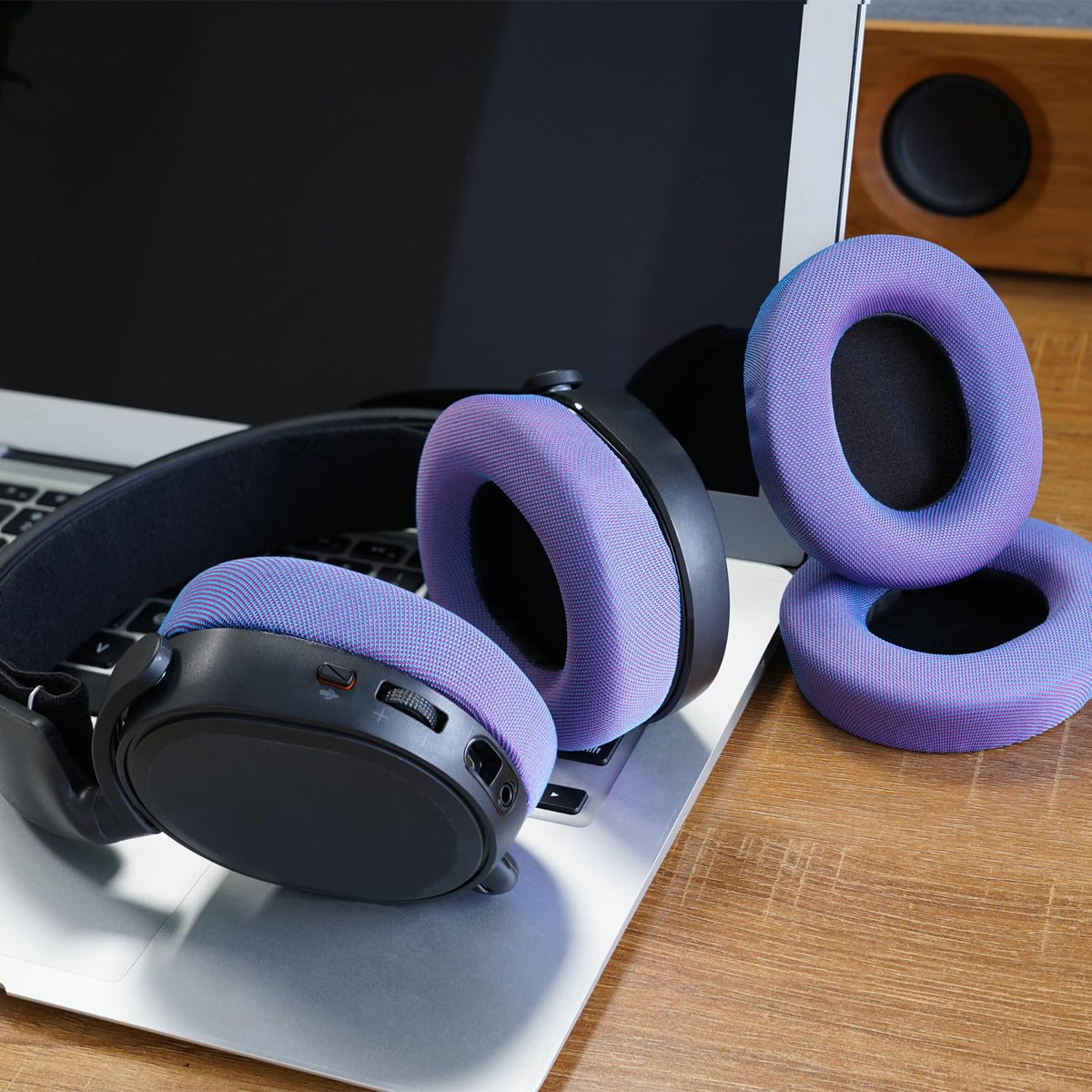 G GVOEARS lifestyle shot at gaming desk showing vibrant color personalization