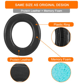 G GVOEARS earpads beside ruler showing 10x8.5x2.5cm scale for size-fit benefit