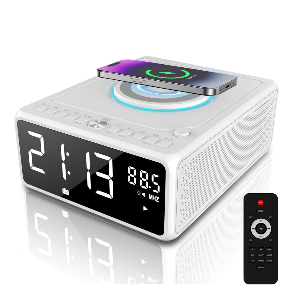 G Keni CD player alarm clock front view with clear display and CD slot.