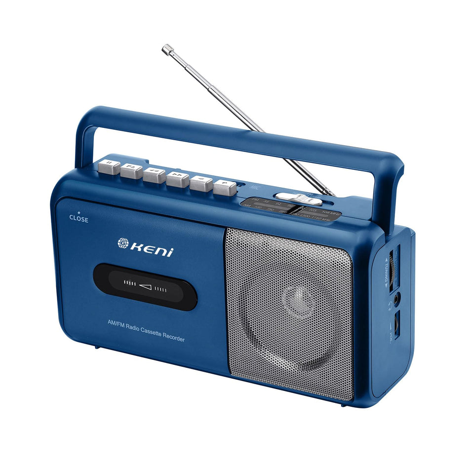 G Keni front view blue showing speaker and cassette door for portable listening benefit