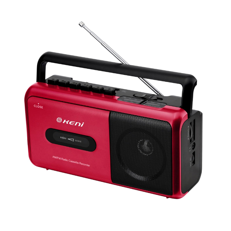 G Keni front view of red boombox showing speaker and cassette compartment for easy playback
