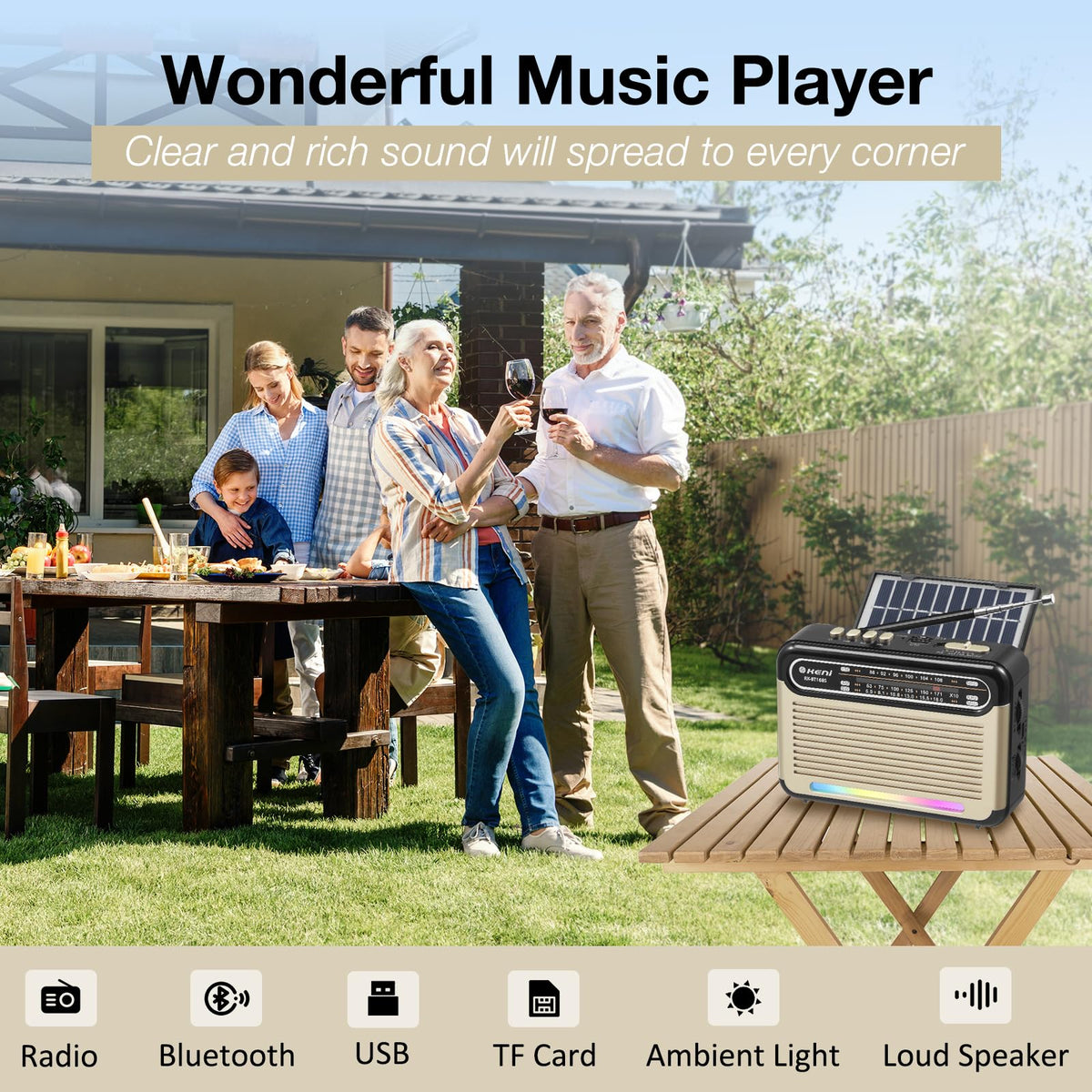 G Keni portable solar radio big speaker delivering rich sound for gatherings.