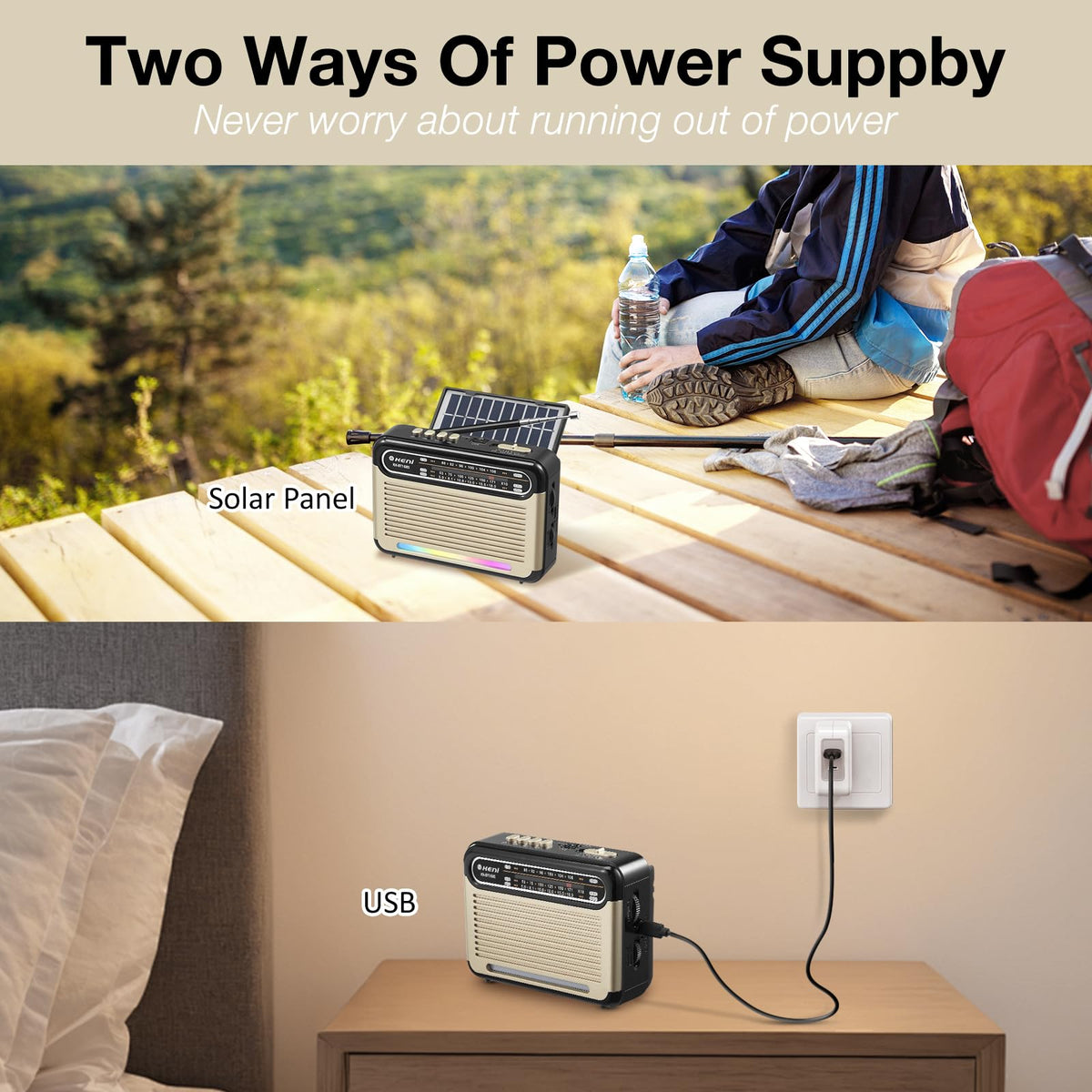 G Keni solar radio with solar panel for convenient charging outdoors.