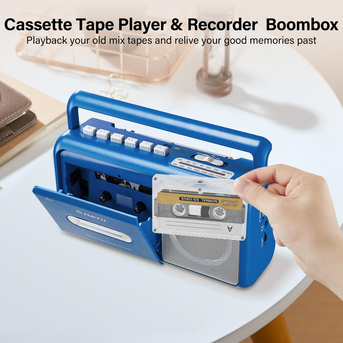 G Keni top cassette compartment open showing tape slot for easy playback and recording