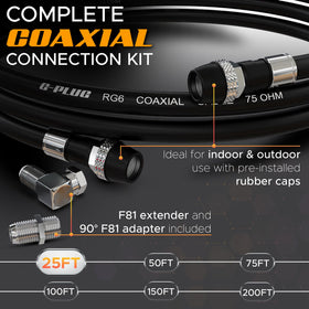 G-PLUG RG6 25ft coaxial cable closeup of F-Type connectors.