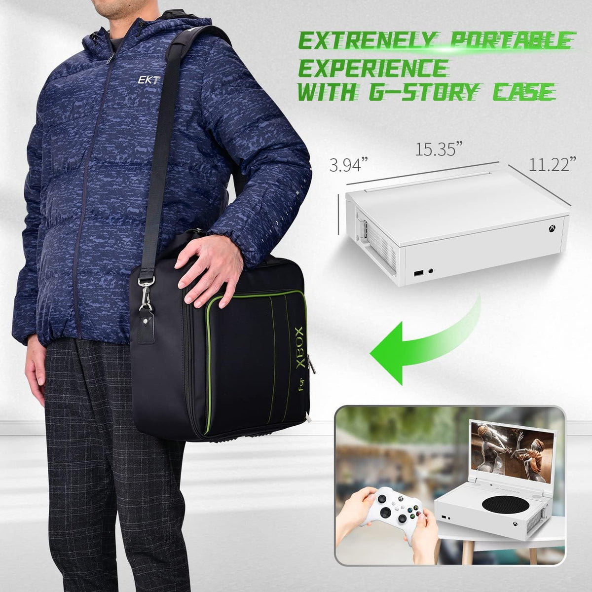 G-Story portable monitor with travel case compatibility and easy setup.