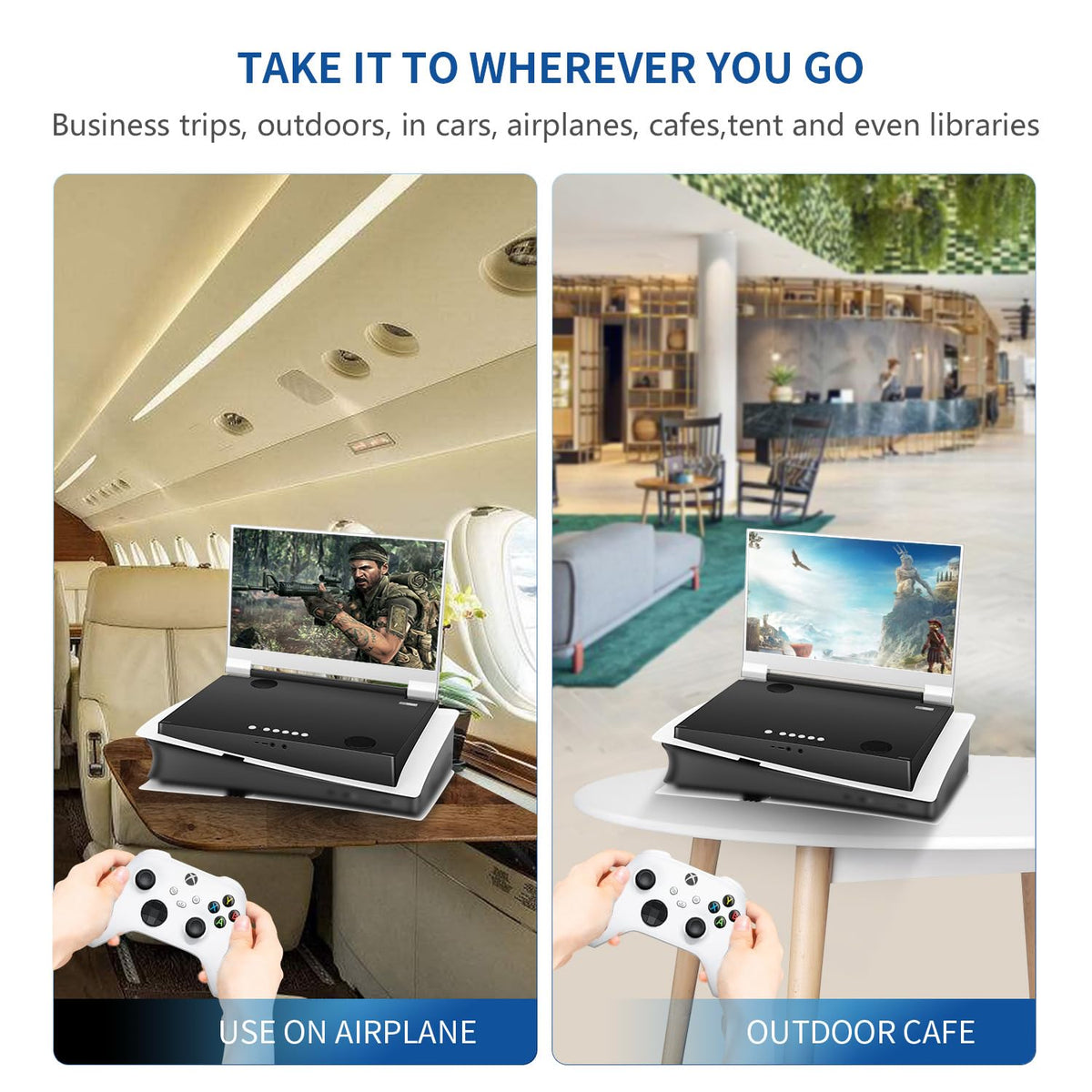 G-STORY portable monitor folded like a laptop for travel.