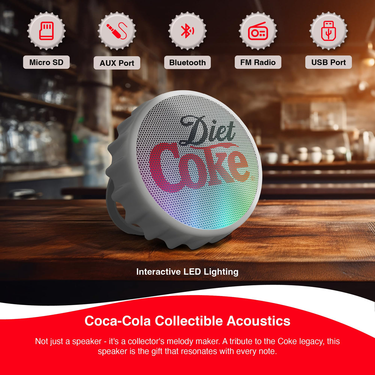 Gabba Goods Diet Coke bottle cap Bluetooth speaker FM radio for spontaneous listening.