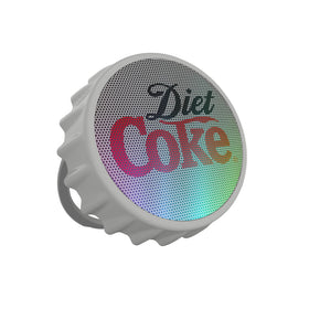 Gabba Goods Diet Coke bottle cap Bluetooth speaker front view, portable for on-the-go listening.