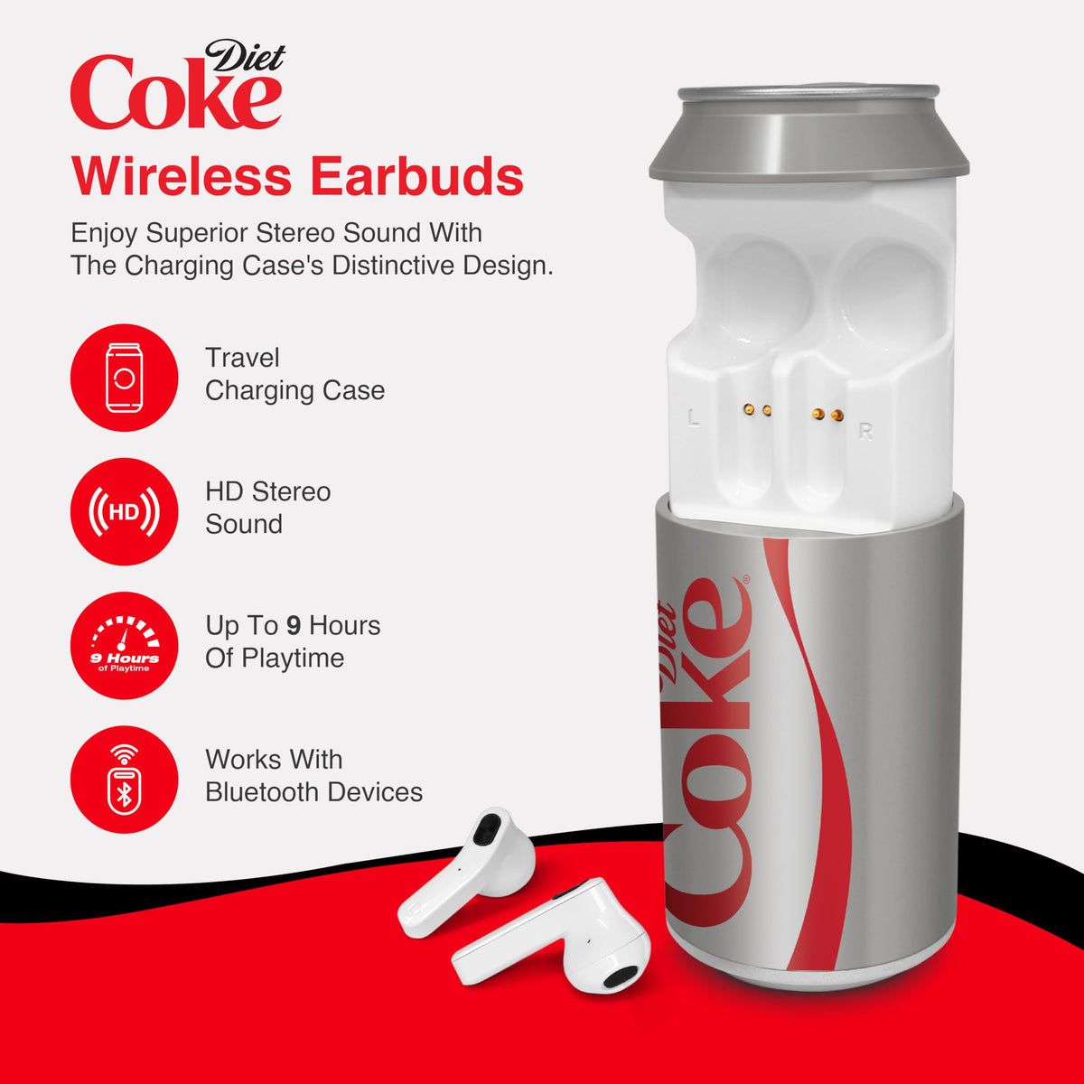 Gabba Goods Diet Coke Earbuds charging case open demonstrates easy access for on the go listening