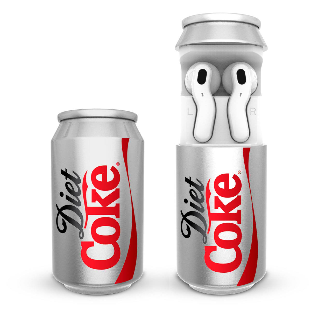 Gabba Goods Diet Coke Earbuds in can charging case offering portable storage and quick access
