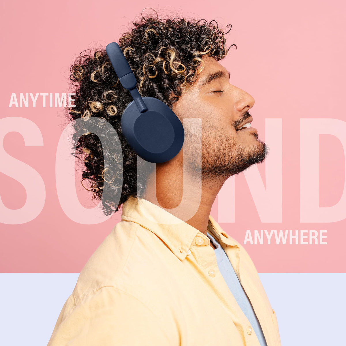 Gabba Goods blue headphones near FM radio feature for on-the-go listening
