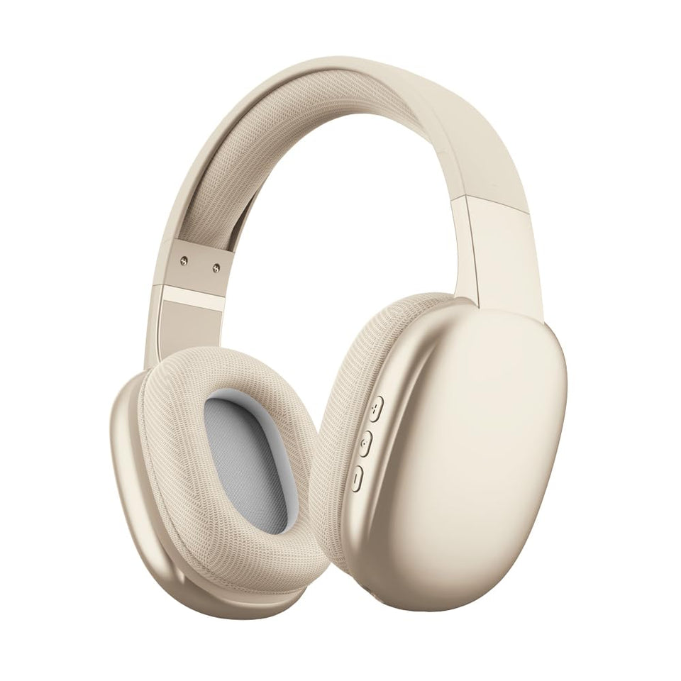 Gabba Goods front view of beige headphones showing shape and branding for stylish listening