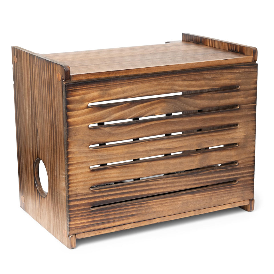 Gadget Garage front view dark oak hiding router with tidy appearance