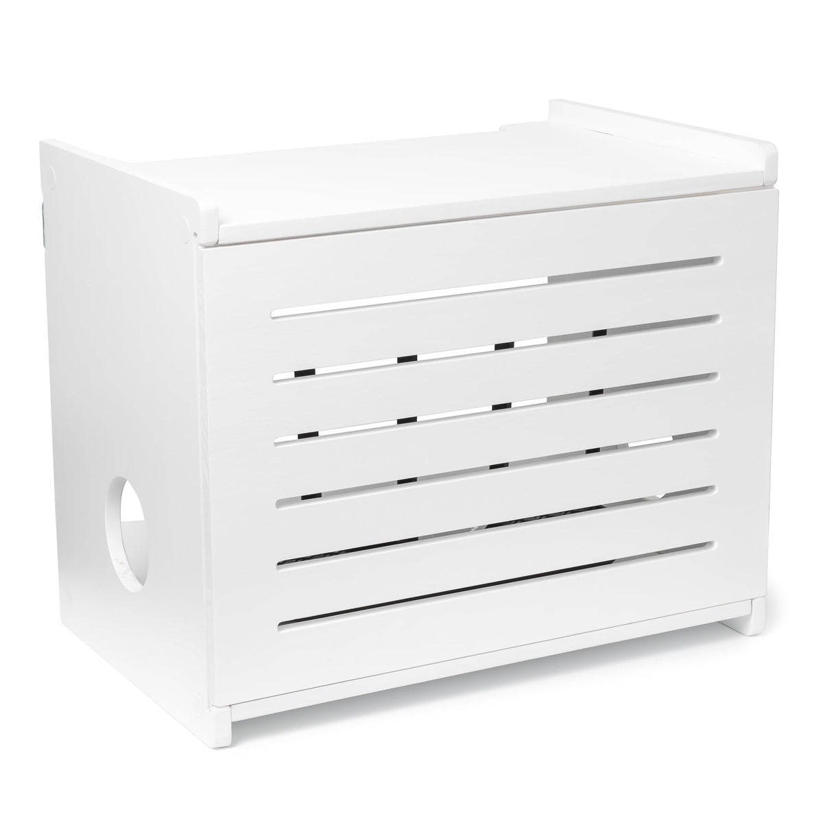 Gadget Garage front view of white router box, hides device and looks decorative