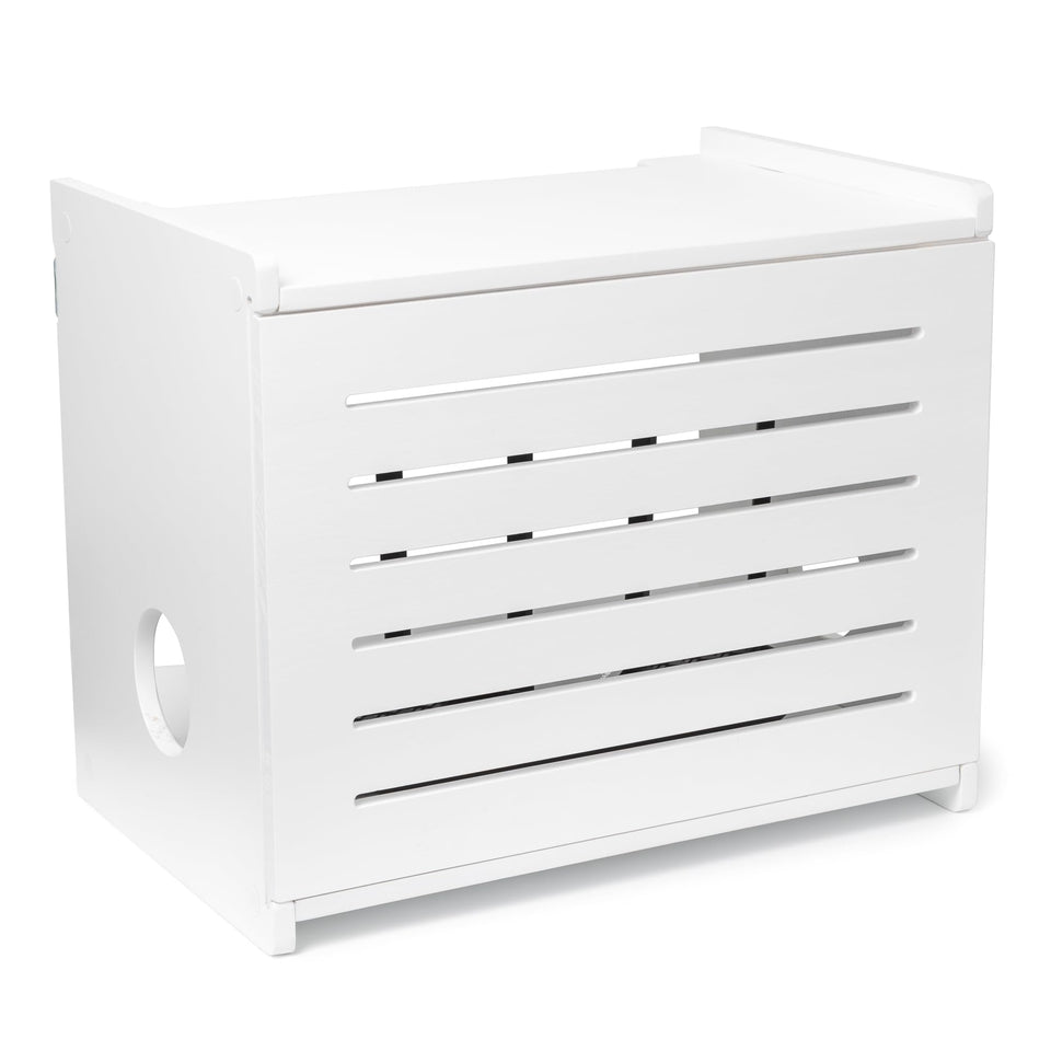 Gadget Garage front view of white router box, hides device and looks decorative