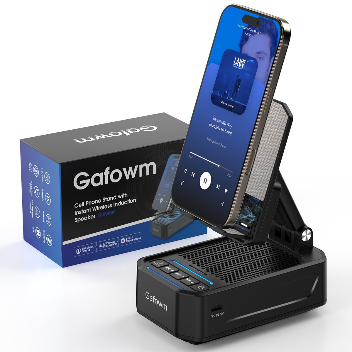 Gafowm lifestyle desk setup with stand speaker for hands-free media and calls