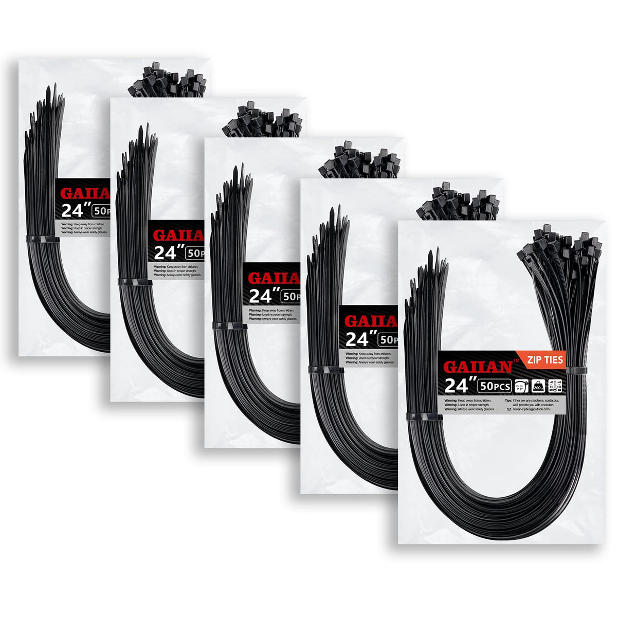 GAIIAN heavy-duty zip ties 24 inch, 0.35 inch width, 200 lb strength.