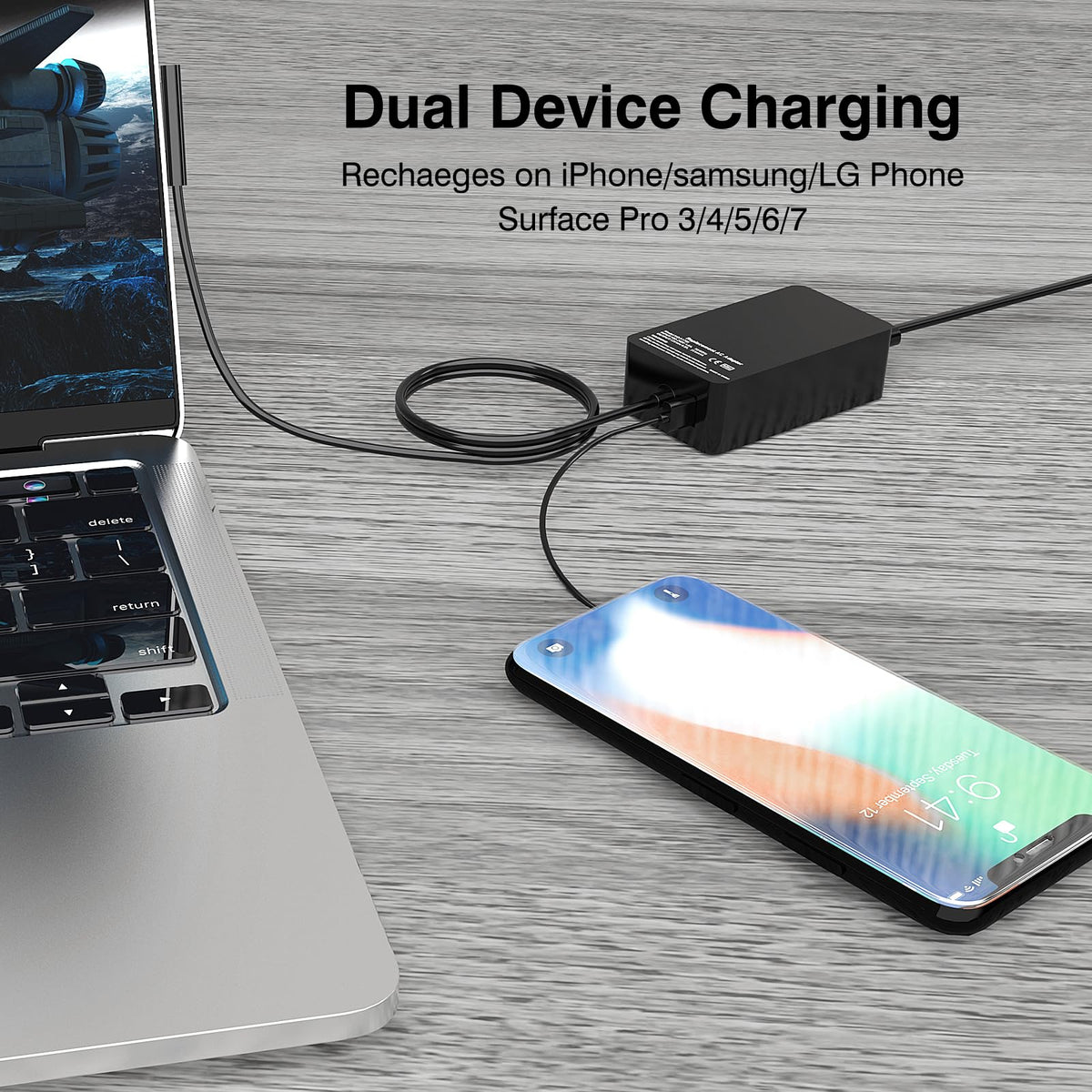 GAKUS 65W charger in-use setup powering Surface Pro and phone
