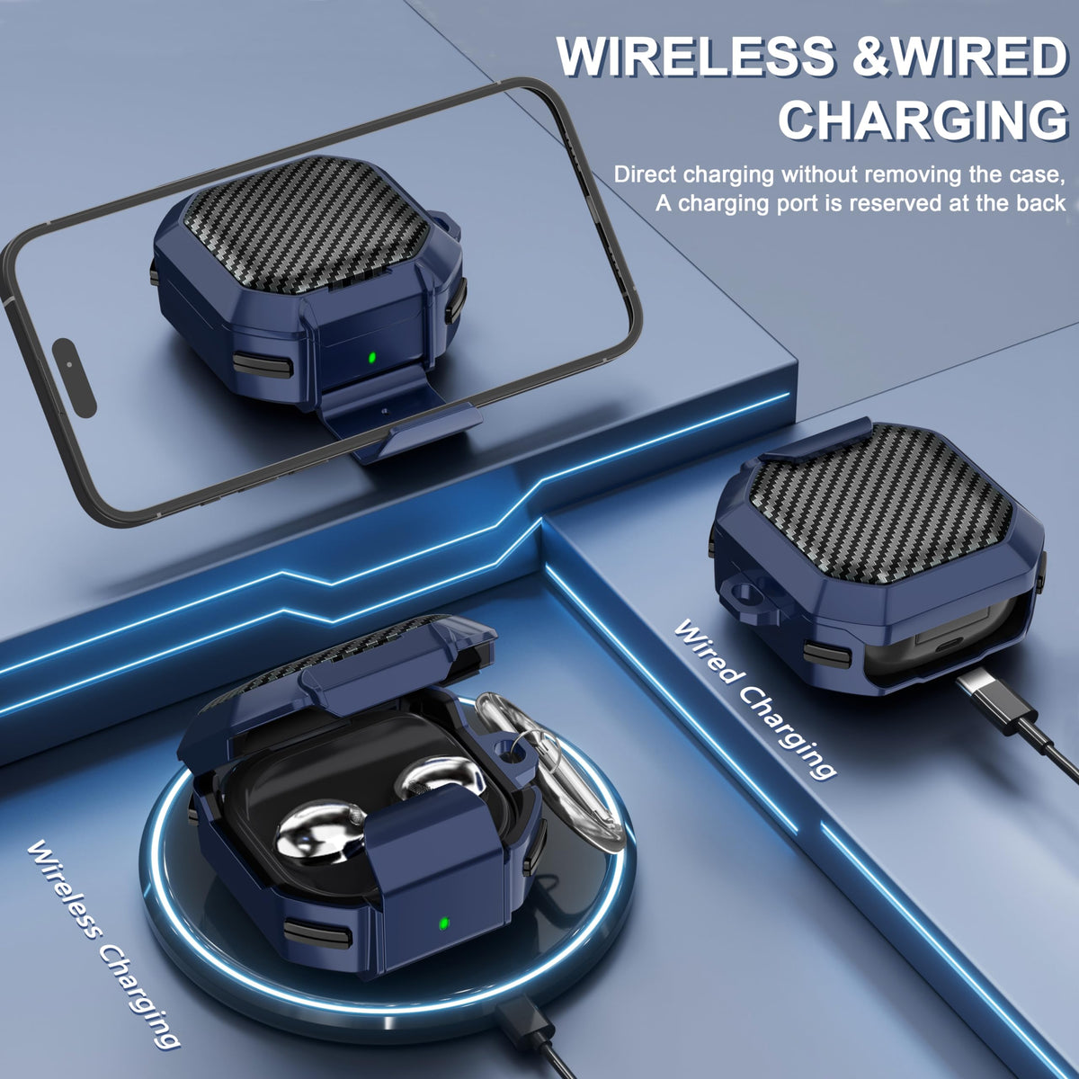 Galafoki Buds Pro case blue on display, carbon fiber finish.