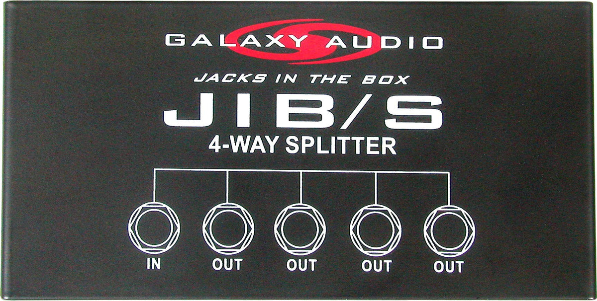 Galaxy Audio JIB/S top view showing labeled TRS input and four outputs for easy hookup and organization