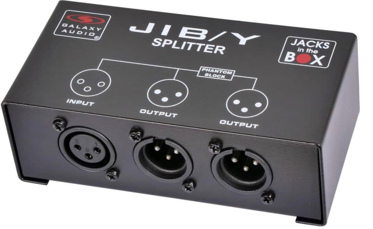 Galaxy Audio JIB/Y output jacks close-up with phantom block visible, prevents interference