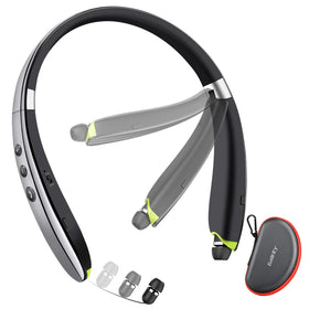 Galirity front view showing grey neckband and earbuds, highlights portability