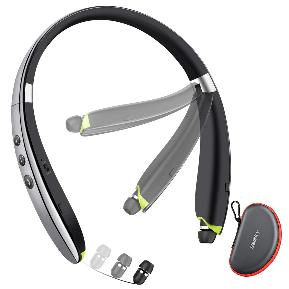 Galirity front view showing grey neckband and earbuds, highlights portability