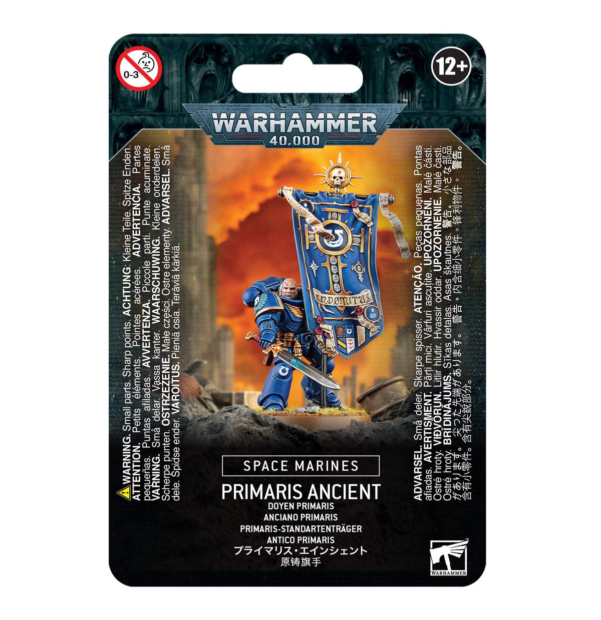 Games Workshop Primaris Ancient front view showing banner and ornate armor, ideal for tabletop display