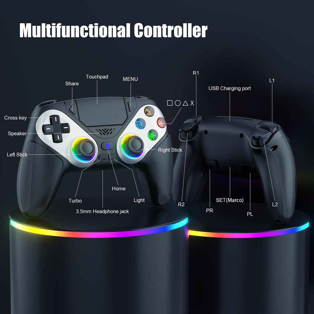 Gamrombo LED lighting effects on controller enhancing atmosphere and personalization
